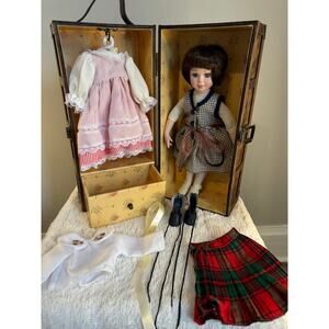 12" Vintage Porcelain Doll In Wood Box With Outfits and Shoes